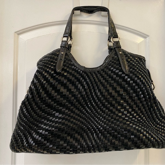 Cole Haan Genevieve Black Suede & Patent Leather Woven Handbag - Picture 1 of 11